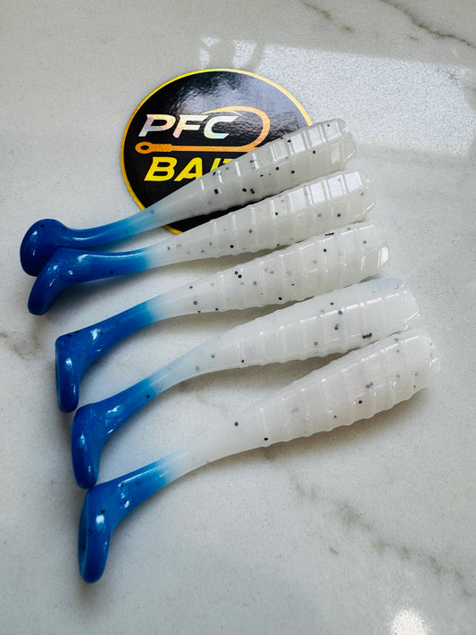3 Inch Ribbed Fishing Bait (white with blue tail)