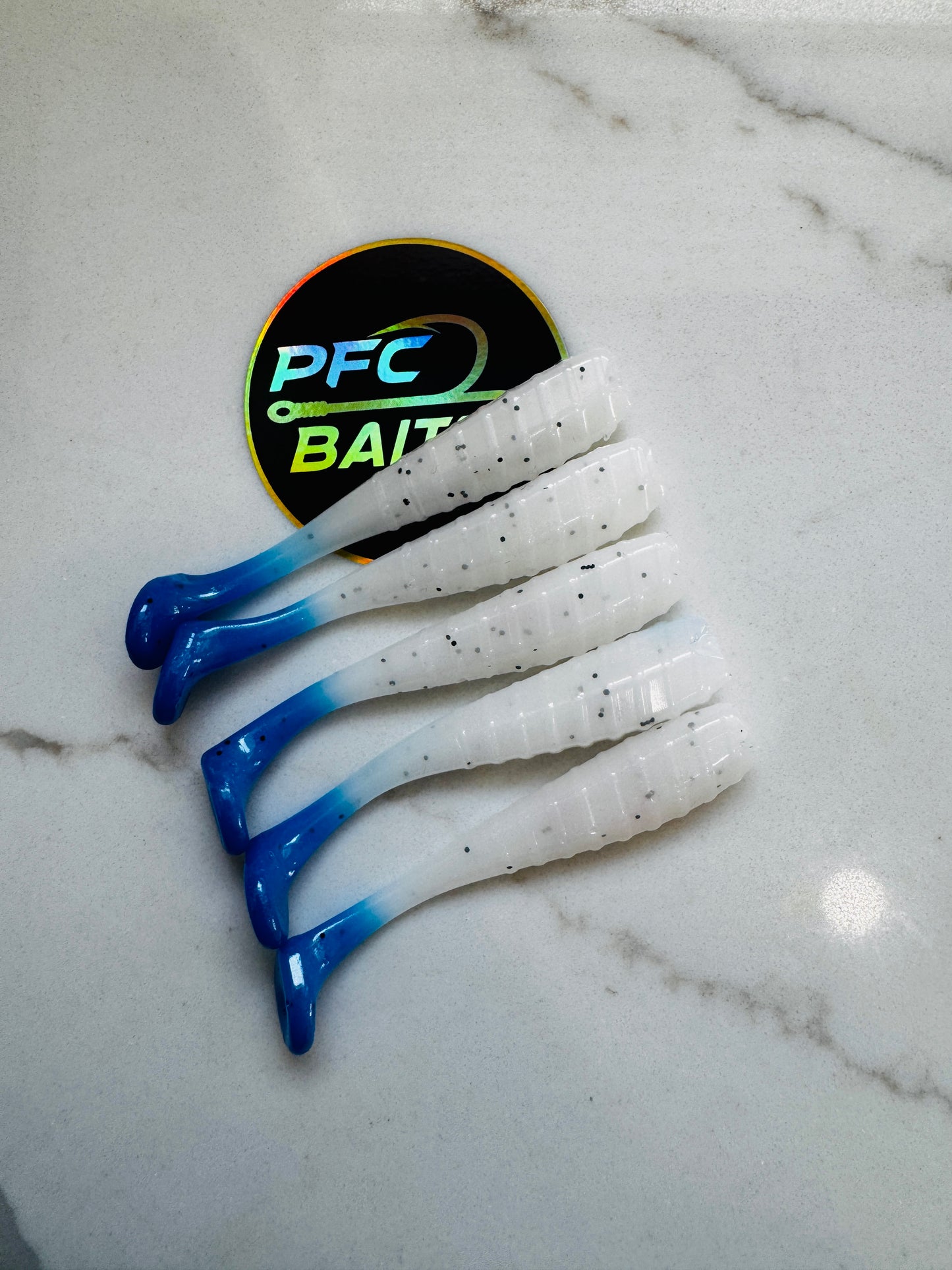 3 Inch Ribbed Fishing Bait (white with blue tail)